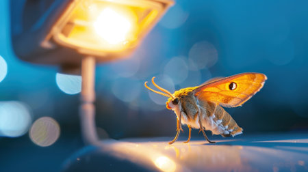 A stunning close-up of a vibrant moth perched near a warm light, showcasing intricate patterns and colors. The bokeh background enhances the serene night atmosphere.の素材