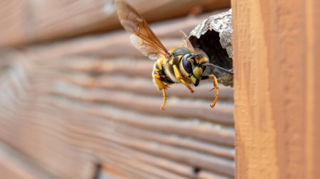 A detailed close-up photo of a bee in flight near its nest entrance on a wooden surface, showcasing vibrant colors and intricate details of nature.の素材
