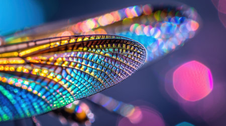 A mesmerizing close-up view of a dragonfly wing showcasing intricate patterns and vibrant colors set against a dreamy bokeh background, ideal for nature enthusiasts.の素材