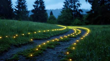 This captivating image showcases an enchanting pathway surrounded by lush greenery, illuminated by soft golden lights during twilight, creating a serene atmosphere.の素材