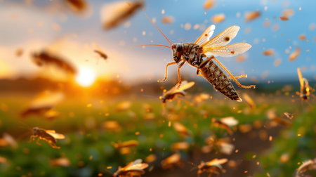 A captivating close-up shot of a grasshopper amidst a dynamic sunset scene, with multiple insects surrounding it in a lush green field setting.の素材