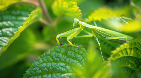 Detailed close-up image of a green praying mantis resting on lush green leaves, showcasing the intricate textures and natural beauty of wildlife in its habitat.の素材