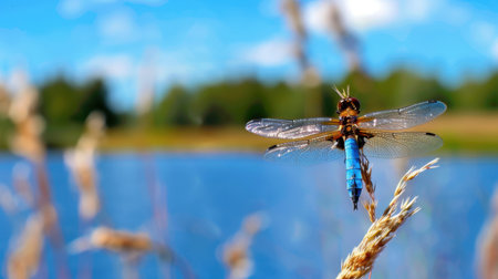 Captivating close-up image of a dragonfly resting on a grass blade against a tranquil lake backdrop, showcasing vibrant colors and natural beauty.の素材