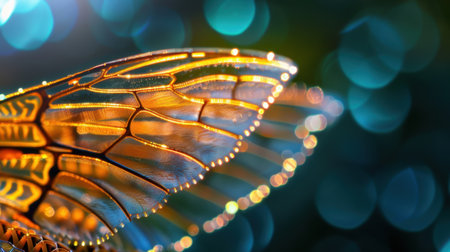 This captivating macro image showcases the intricate details of insect wings, illuminated by vibrant colors against a dreamy bokeh background.の素材