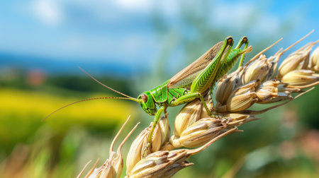 A stunning close-up shot of a vibrant green grasshopper perched on a wheat spike, showcasing the beauty of nature with a blurred blue sky and yellow fields in the background.の素材