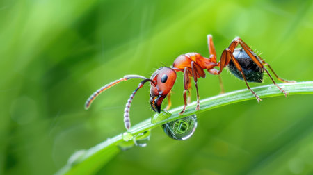 This stunning close-up captures an ant delicately walking on a blade of grass, featuring a vibrant green background and a water droplet.の素材