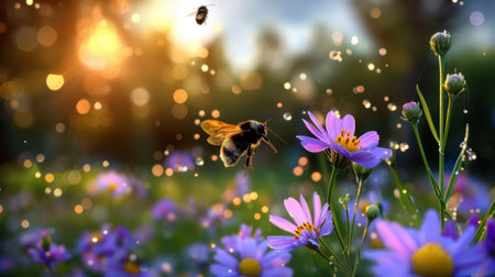 A stunning image capturing a bee in mid-flight, pollinating a vibrant purple flower in a lush garden at sunset, surrounded by soft, glowing bokeh.の素材