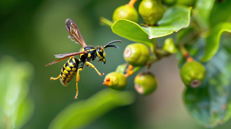 This close-up image features a vibrant yellow and black wasp in mid-flight, hovering near green fruit on a lush plant, showcasing nature's intricate details.の素材