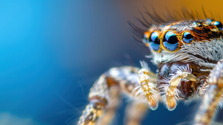 This stunning close-up shot captures the intricate details of a colorful spider. The vivid blue background enhances the spider's unique features, including its vibrant eyes and delicate hair. A perfect representation of nature's artistry.の素材