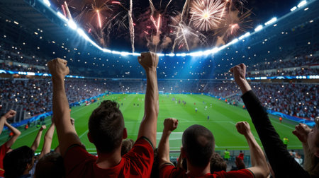 A vibrant scene capturing excited soccer fans celebrating in a packed stadium as colorful fireworks light up the night sky during a major sports event.の素材