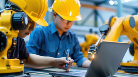 Two industrial workers engage with technology in a modern factory, utilizing laptops and controlling robotic arms to enhance productivity and innovation.の素材
