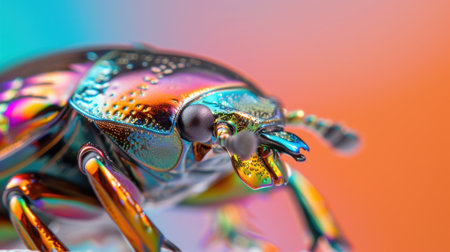 This stunning macro photograph captures an iridescent beetle showcasing vibrant colors and intricate patterns against a gradient background, highlighting nature's beauty.の素材
