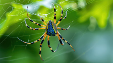 A striking close-up of a vibrant spider skillfully weaving its web amidst a lush green backdrop, showcasing the intricate details of nature and life.の素材