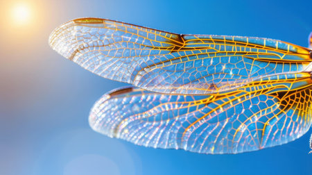 This stunning close-up captures the intricate details of a dragonfly wing, showcasing its delicate structure against a bright blue sky and sunlight.の素材