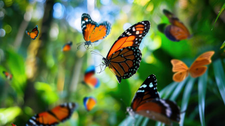 A stunning display of colorful monarch butterflies gracefully fluttering among lush green foliage, surrounded by a vibrant paradise of nature.の素材