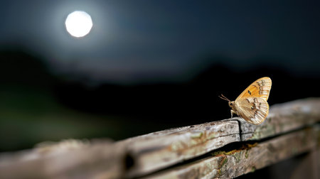 A butterfly sits gracefully on a rustic wooden fence under the luminous glow of a full moon, highlighting nature's intricate beauty in a serene nighttime setting.の素材