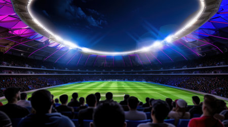 This stunning image features a modern stadium ambiance, filled with eager fans under bright lights, ready for an exhilarating night of sports action.の素材