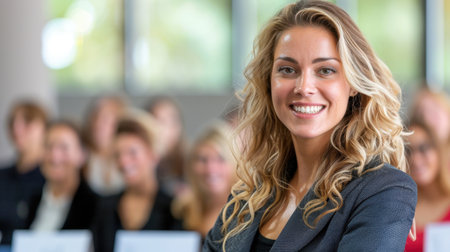 A confident businesswoman smiles widely at a conference, engaging with the audience in a bright and professional environment that fosters inspiration and collaboration.の素材