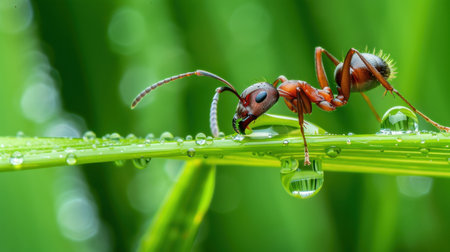 A vivid close-up image showcases an ant delicately perched on a lush green leaf adorned with water droplets, embodying the beauty of nature.の素材