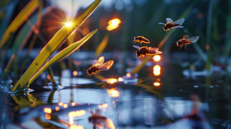 A serene evening scene featuring flies hovering above a calm water surface, surrounded by lush green grass and shimmering sunset reflections, evoking tranquility.の素材