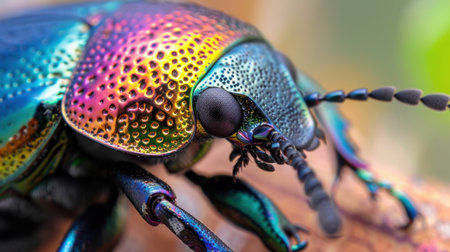 This stunning close-up captures a colorful beetle with vibrant iridescence and intricate details, set against a softly blurred natural background.の素材