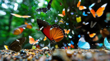 This captivating image captures a stunning display of vibrant butterflies fluttering gracefully in a lush tropical jungle, surrounded by vibrant foliage.の素材