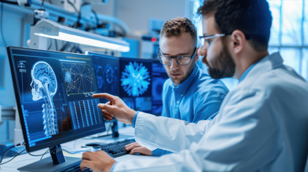 Two scientists engage in a detailed analysis of brain activity using cutting-edge technology in a modern laboratory environment, showcasing collaboration and innovation.の素材