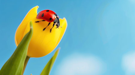 A striking image of a red ladybug resting on a vibrant yellow tulip under a clear blue sky, capturing the essence of springtime beauty and nature's wonders.の素材