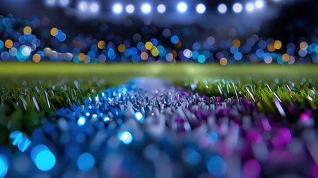 Close-up view of a sports field showcasing colorful grass details and vibrant bokeh lights in the background, creating a lively and energetic atmosphere.の素材