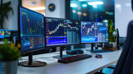 A sleek office environment showcasing a modern workspace featuring multiple monitors displaying real-time financial market data and analytics for trading.の素材