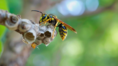 A stunning close-up of a yellow and black wasp on its nest, showcasing intricate details and beautiful color contrasts in a natural setting.の素材