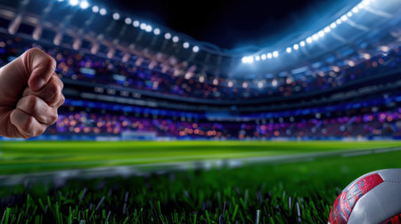 A dramatic close-up of a clenched fist in the foreground, set against a vibrant soccer stadium under bright lights, capturing the essence of sporting passion and excitement.の素材