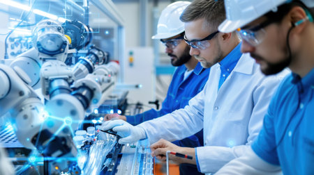 Engineers work in unison with advanced robotic systems in a modern manufacturing facility, showcasing innovation, precision, and collaboration in technology.の素材