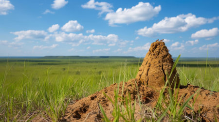 A close-up view of a prominent ant hill rising from a lush green field, set under a brilliant blue sky filled with fluffy clouds, showcasing nature's beauty.の素材