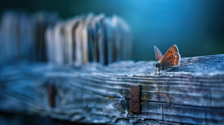 A captivating close-up image of a butterfly perched on a rustic wooden fence. The soft blue background adds a serene ambiance, showcasing the delicate beauty of nature.の素材