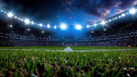 This image captures a stunning nighttime scene of a modern soccer stadium filled with an enthusiastic crowd. The bright floodlights illuminate the lush green grass, creating an electrifying atmosphere perfect for any sports event.の素材