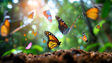 A stunning scene capturing vibrant butterflies fluttering gracefully amidst lush greenery. This image showcases the beauty and delicate nature of these pollinators in a serene and tranquil environment.の素材