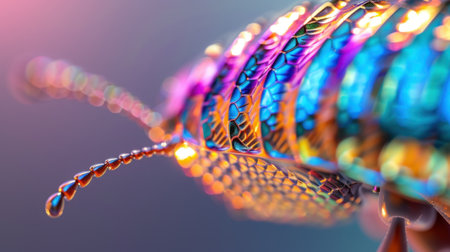 This stunning macro photograph captures the intricate beauty of an iridescent insect with vibrant colors and tiny water droplets, showcasing nature's artistry.の素材