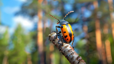 A striking orange and black beetle is showcased on a branch in a serene forest environment. This macro shot highlights the insect's unique patterns against a softly blurred background of greenery and trees.の素材