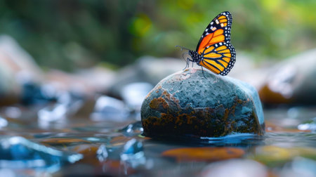 A stunning monarch butterfly perches gracefully on a smooth rock near a gentle stream, capturing the essence of nature's tranquility and vibrant beauty.の素材