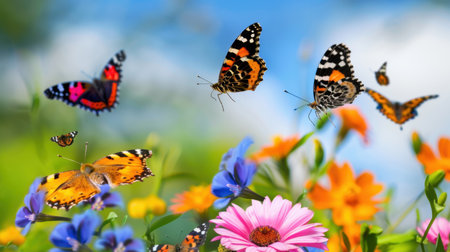 A mesmerizing scene of vibrant butterflies fluttering above a colorful array of garden flowers, showcasing nature's beauty in bright natural light.の素材