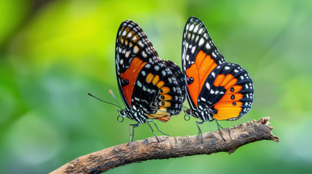 This captivating image features two vibrant butterflies resting on a branch, showcasing their striking orange and black wings against a lush green background.の素材