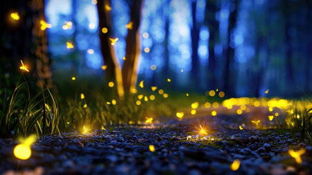 A serene forest path alive with glowing fireflies and soft lights at dusk, creating a magical atmosphere perfect for nature lovers and dreamers.の素材