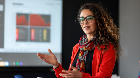 A confident woman leads a business presentation, showcasing data on a screen filled with charts and graphs, inspiring engagement and discussion.の素材