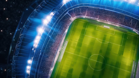 This stunning aerial view captures the vibrant atmosphere of a soccer stadium, showcasing the cheering crowd and bright floodlights illuminating the beautifully manicured field at night.の素材