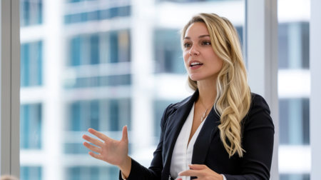 A confident businesswoman delivers an engaging presentation in a modern office with a cityscape backdrop, emphasizing leadership and effective communication.の素材