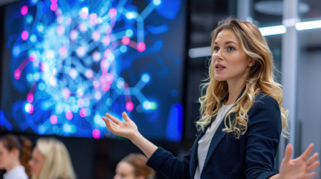 A confident businesswoman passionately presents ideas in a modern office setting, with a digital screen showcasing vibrant data visualizations behind her.の素材