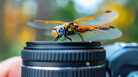 A striking close-up captures a dragonfly perched on a camera lens, showcasing delicate wings and vibrant colors against a soft, blurred background.の素材