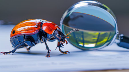 A captivating close-up of a colorful beetle beside a magnifying glass on a notepad, illustrating intricate details useful for research and education.の素材