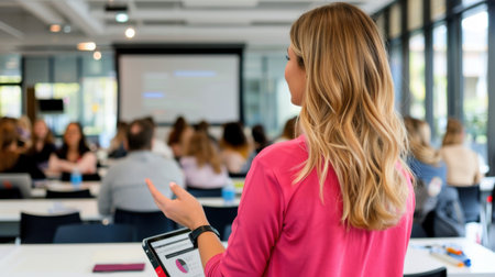 A woman stands confidently as she presents to an engaged audience in a modern conference room. The atmosphere is dynamic, highlighting professional learning and interaction.の素材